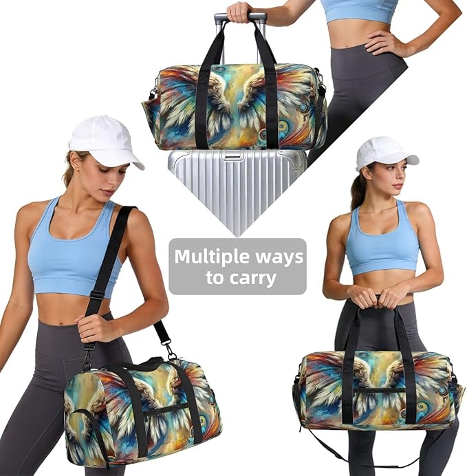 Abstract Angel Wings Print Gym Bag with Shoe Compartment for Women Men, 17.7in Sports Duffle Weekender Tote, Overnight Travel Duffel Bag Carry On
