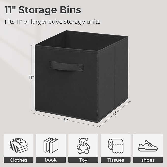 11 Inch Fabric Storage Cubes, Sturdy Foldable Storage Bins, Heavy Duty Cube Organizer for Clothes, Blankets, Shelves, Closets, Bedroom, Living Room, Black, 8 Pack