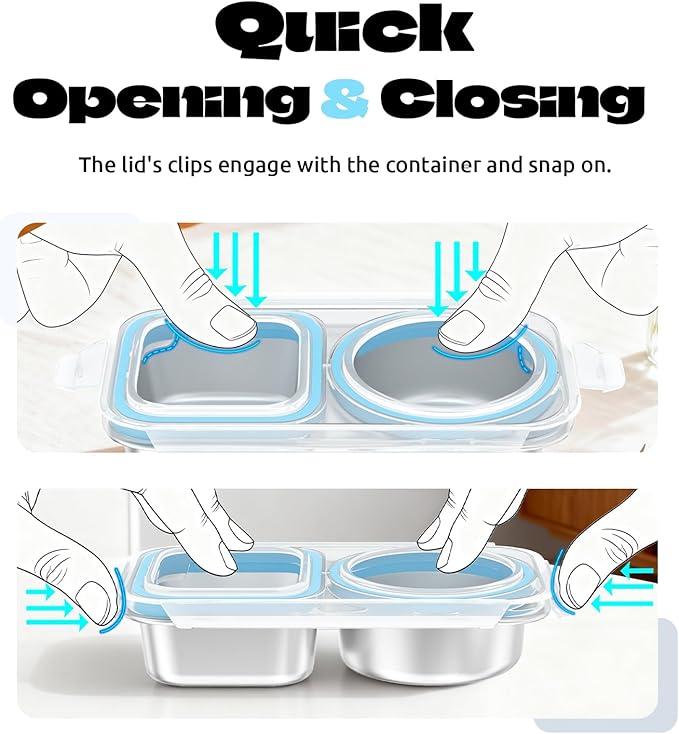 4 Pack Stainless Steel Snack Containers For Kids Adults, 2 Compartment Reusable Metal Snack Boxes With Leak-Proof Lids, Compact Lunch Food Storage Container
