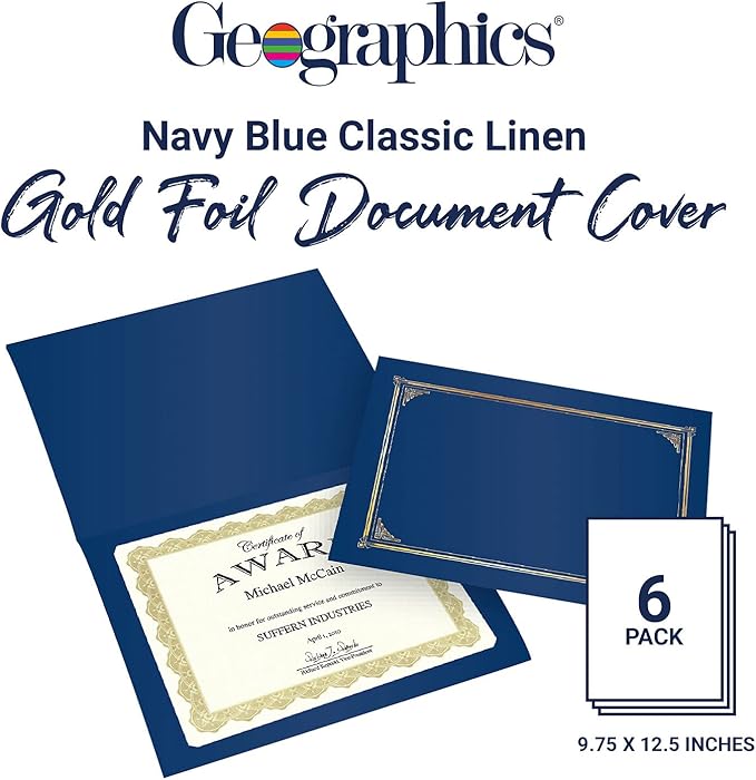 Geographics Classic Linen Certificate/Document Covers, 12.5” x 9.75”, Blue Navy (6 Pack)