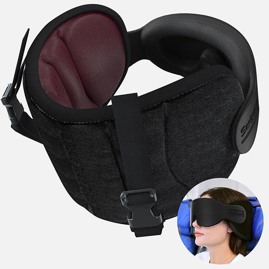 Travel Pillows for Airplanes, Airplane Pillow for Long Flight, Airplane Head Strap with Sleep Eye Mask, 360° Support Headrest for Car Road Trip, Stop Bobblehead Travel Essentials, Red