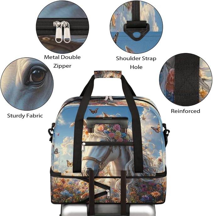 Foldable Travel Duffel Bag for Women - Carry on Personal Item Bag with Shoes Compartment, Weekender Overnight Duffle Bags Sport Tote Gym Luggage for Airplanes Traveling(Flower Horse)