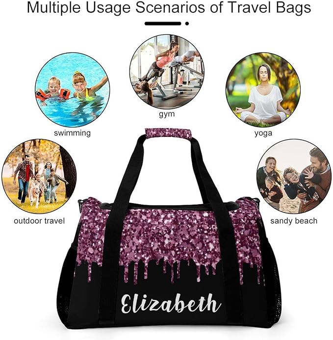 Duffle Bag, Personalized Name Bling Sequin Glitter Print Black Travel Bag, Lightweight Gym Training Sports Bags Custom Unisex Gifts for Men Women