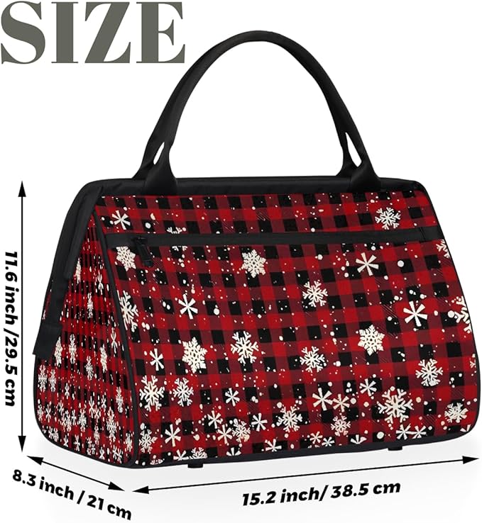 Winter Snowflake Buffalo Plaid Travel Duffel Bag, Waterproof Sports Gym Duffle Bag, Large Capacity Weekender Carry On Overnight Bags for Women Men