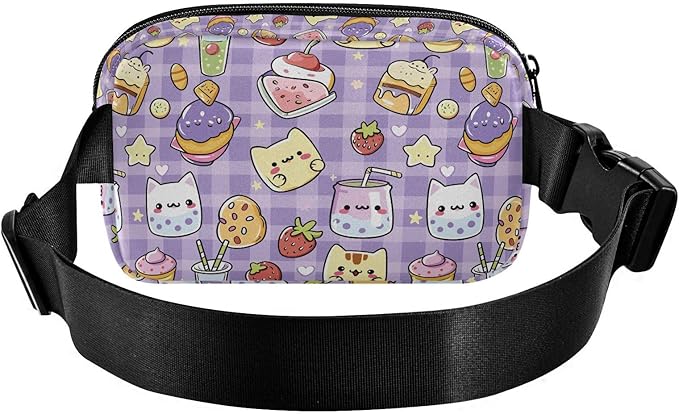 Kawaii Cat Bear Milk Cake Plaid Fanny Pack for Women Men Water Resistant Fashion Waist Packs with Adjustable Strap Belt Bag for Travel Workout Jogging Hiking 21219474