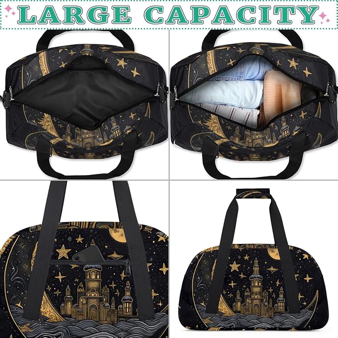 Golden Moon Star Gym Travel Duffle Bag for Women & Men with Front Zipper Pocket for Sports, Overnight, Weekender, Carry On,Workout & Dance Bag,Retro Moon,18.9 * 8.7 * 10.6 in