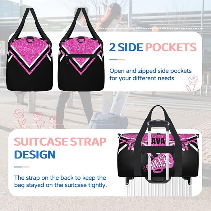 Personalized Cheerleading Sports Bag Names, Custom Name Cheer Fitness Duffle Gym Travel Weekender Lightweight Bags, Water Pink Shiny Glitters Black