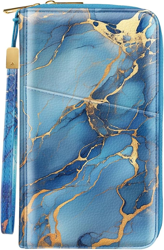 Family Passport Holder Wallet RFID Blocking Document Organizer PU Leather Mulit-purpose Travel Wallet Credit Cards Case for Women Men, Blue Marble