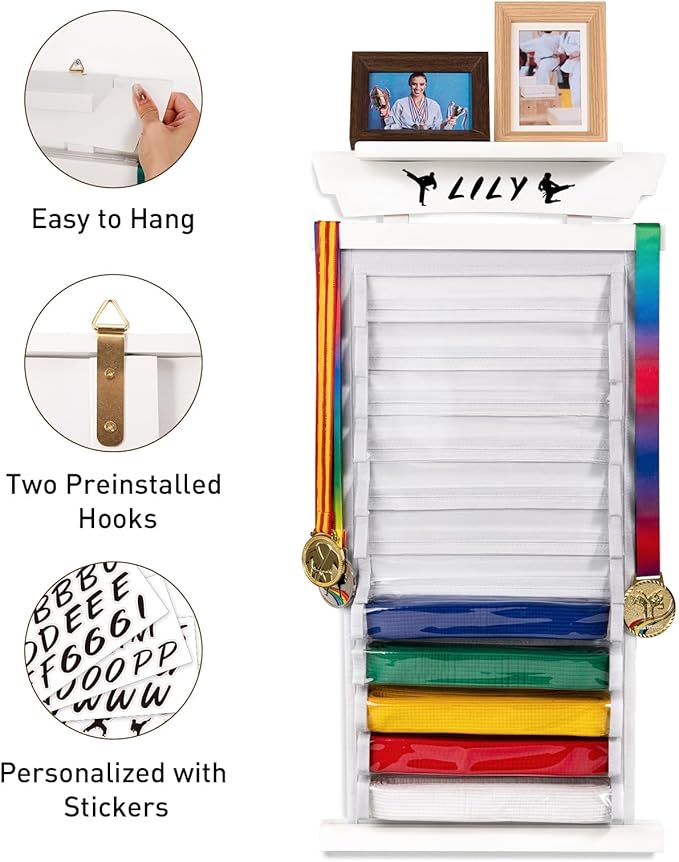 Tilhumt 10/12 Belts Karate Belt Display Rack with Photo Shelf, Felt Taekwondo Belt Display Rack Martial Arts Belt Display for Adults TKD, BJJ