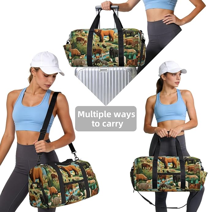 Sports Gym Bag Tropical Forest Animals Educational Travel Duffel Bag With Shoe Compartment Shoulder Strap, Lightweight Water-Resistant Weekend Overnight Totes For Women Men