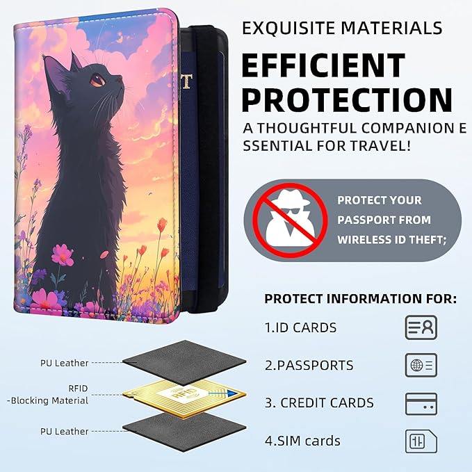 Passport Holder for Travel, RFID Blocking Passport Holder Travel Walle, Passport and Vaccine Card Holder, Vacation Must Haves Travel Accessories for Men Women, Cat's Sunset Gaze