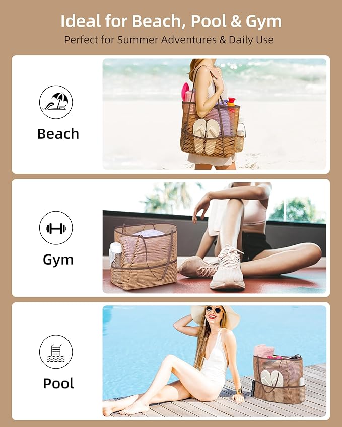 Mesh Beach Tote Bag Packable,2026 New 2-in-1 Large Lightweight Foldable Beach Bags with Multiple Pockets for Women