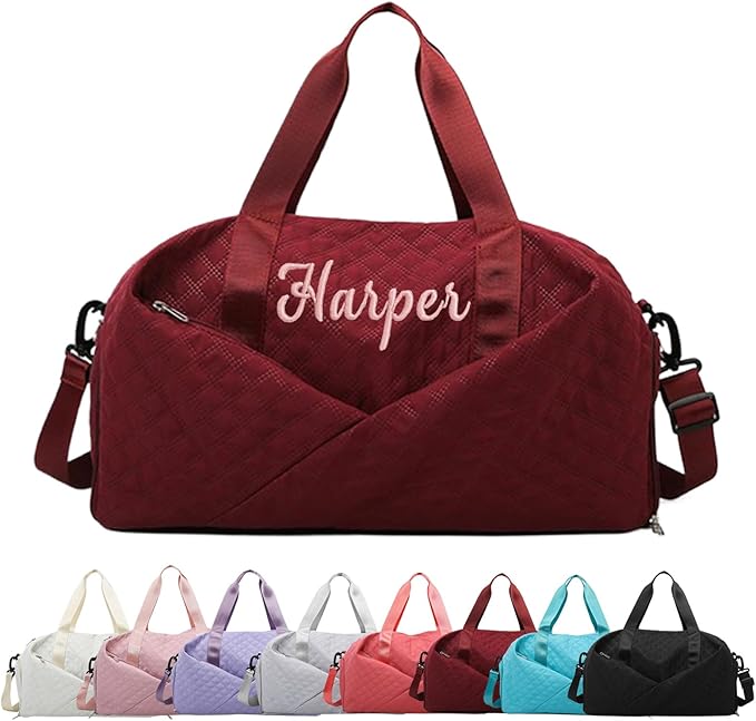 Personalized Travel Duffle Bag for Women with Embroidered Name Custom Sport Gym Weekender Overnight Carry On Tote Luggage Bag with Shoe Compartment Dance Bags for Girls Customized Gifts Wine Red
