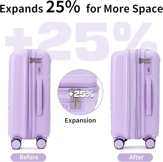 Carry On Luggage Set 22x14x9 Airline Approved, Expandable 20 Inch Carry-On Suitcases With Wheels, Lightweight Luggage Sets 3 Pieces With Backpack, Lavender