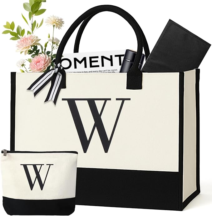Personalized Canvas Tote Bag for Women Makeup Pouch Initial Beach Bag Removable Bottom Board for Travel Birthday