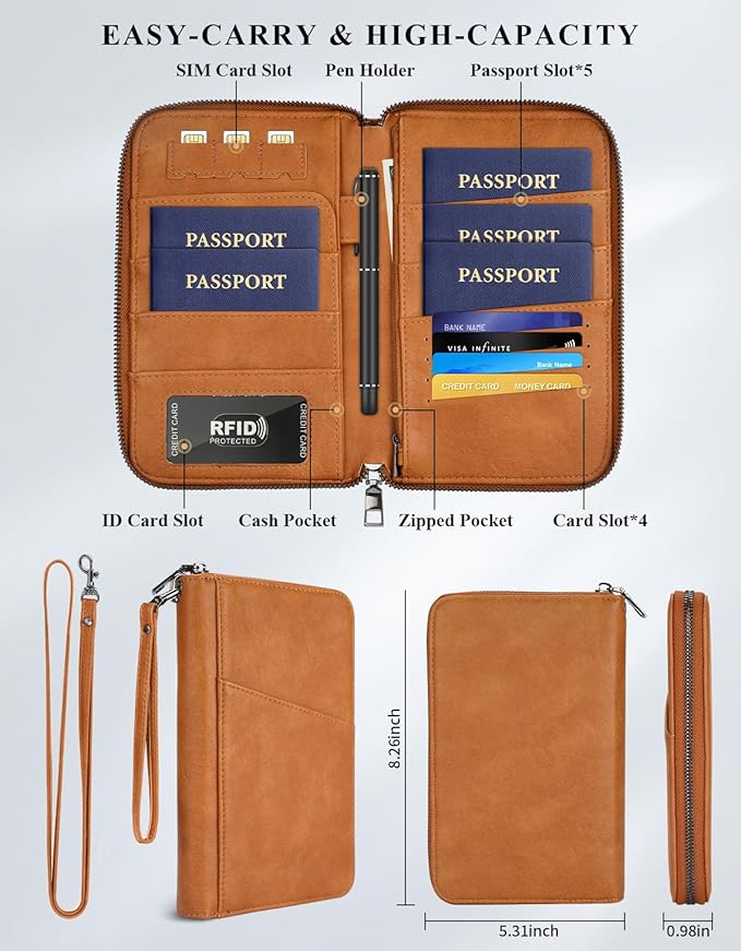 Family Passport Holder Wallet RFID Travel Document Organizer for Women Men, Portable Case Cover for Cards, Boarding Pass with Wrist & Neck Double Strap, Travel Christmas Gifts (Apricot, 1pack)