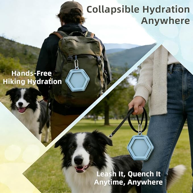 1-Pack Collapsible Pet Water Bowl, Spill Proof No Splash Dog Travel Bowl with Carabiner, Silicone Bowl for Hiking Camping Walking Road Trips, BPA Free Dishwasher Safe, 24oz Morandi Blue