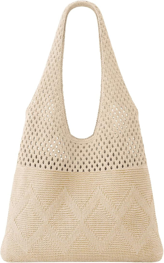 SUOSDEY Crochet Mesh Beach Tote Bag, Knit Summer Vacation Aesthetic Boho Tote Bag for Women