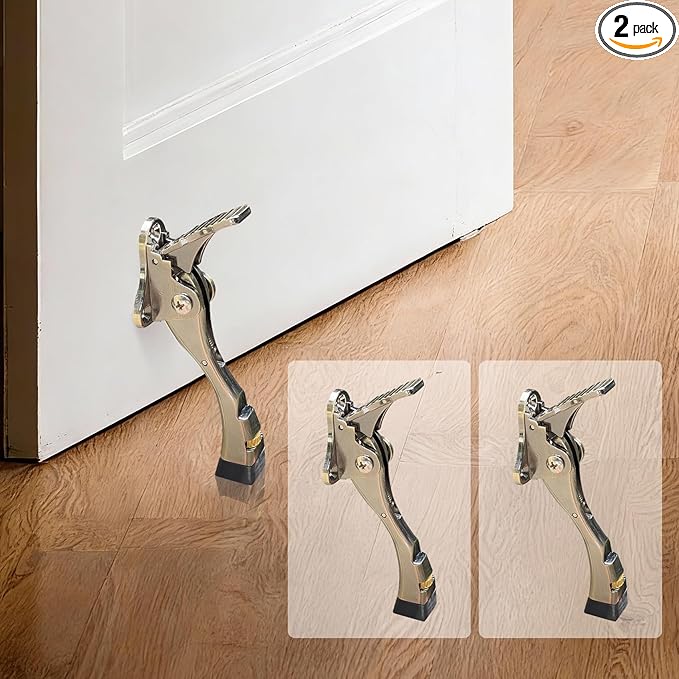 Kickdown Door Stopper, 2 Packs Door Holder to Keep Door Open, 4 Inch One Touch Semi-Automatic Satin Nickel Doors Stoppers, Adjustable Height and Rubber Tip, Heavy Duty Door Stop, Door Holder(Bronze)