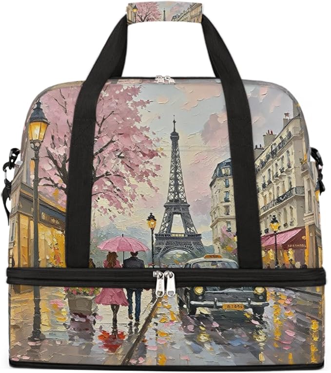Foldable Travel Duffel Bag for Women - Carry on Personal Item Bag with Shoes Compartment, Weekender Overnight Duffle Bags Sport Tote Gym Luggage for Airplanes Traveling(Eiffel Tower)