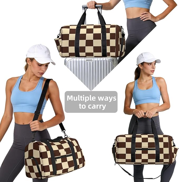 Sports Gym Bag Brown Checkerboard Grid Pattern Travel Duffel Bag With Shoe Compartment Shoulder Strap, Lightweight Water-Resistant Weekend Overnight Totes For Women Men