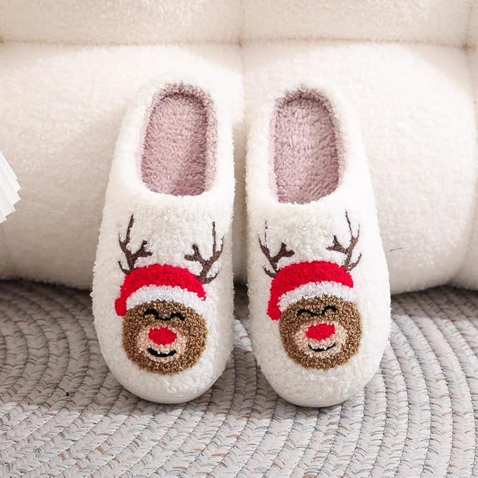 Unisex Xmas Elk Shoes Santa Reindeer Cute Strawberry Cartoon Christmas Tree Pink Bow Memory Foam Soft Plush House Slippers Indoor/Outdoor