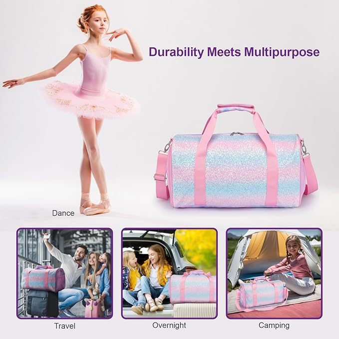 Bagseri Dance Bag for Girls - Kids Duffle with Shoe Compartment, Gymnastics Tote for Sleepover Travel with Water Resistant Wet Pocket (Tie-dye,Pink)