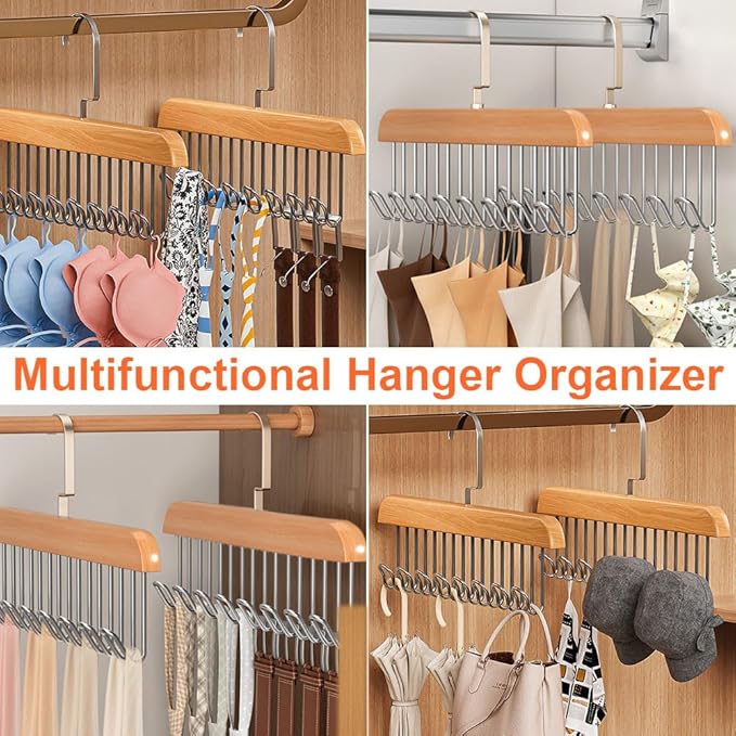 Bra Hangers 3 Pack - with 16 Non-Slip 360Rotating Metal Hooks for Tie, Hat, Bra, Wooden Multi Hook Hanger - Saves Space
