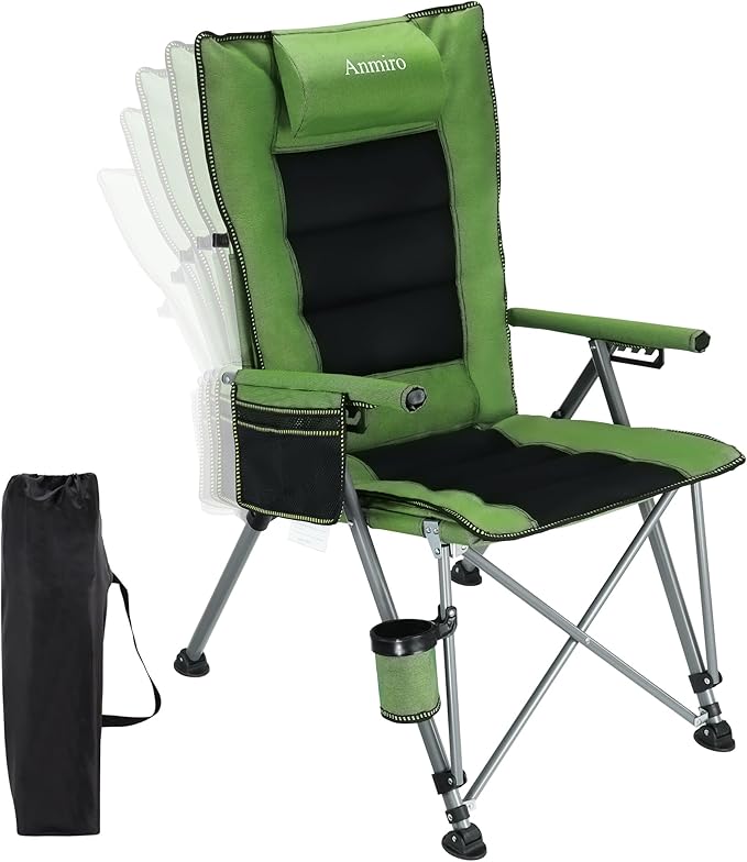 Folding Camping Chair with Cup Holder and Storage Bag, Heavy Duty Support 400 LBS, Oversized Collapsible Portable Adjustable Back Support Camping Chair for Outdoor (Adjustable-Green)