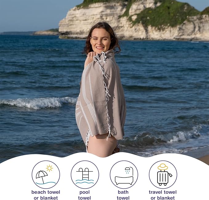 Turkish Beach Towels, Bulk Case of 36 | Oversized, Quick Dry, Sand Free | 100% Cotton, Large 38x71 Towels for Beach, Pool, Travel | Ultra-Soft, Compact, Absorbent | Light Brown
