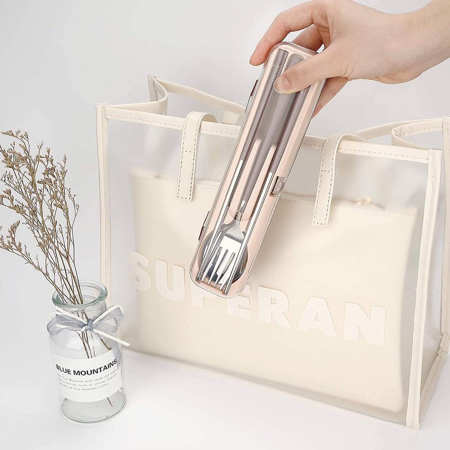 DEVICO Portable Utensils, Travel Reusable Silverware Flatware Set for Lunch, 18/8 Stainless Steel 4-Piece Camping Cutlery Include Fork Spoon Chopsticks with Case (Brown)