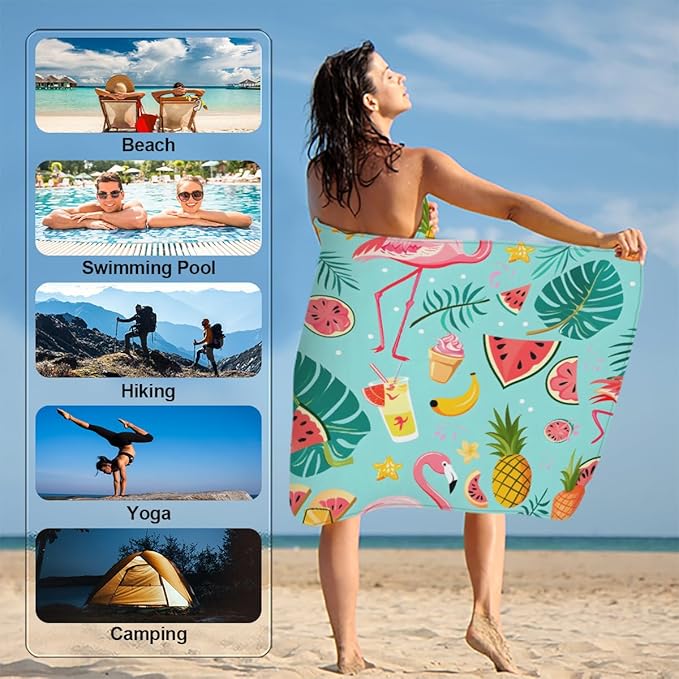 Flamingo Summer Fruit Beach Towel, Large Microfiber Quick Dry Lightweight Pool Bath Towels Sand Free Beach Blanket for Summer Cruise Yoga Camping Travel Vacation Essentials 31 x 61 in