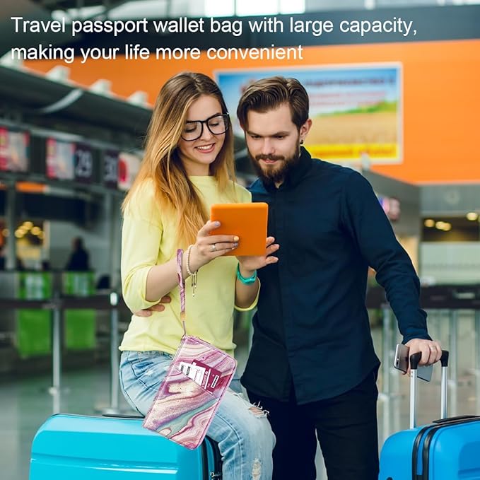 Family Passport Holder Wallet RFID Blocking Document Organizer PU Leather Mulit-purpose Travel Wallet Credit Cards Case for Women Men,Purple Marble