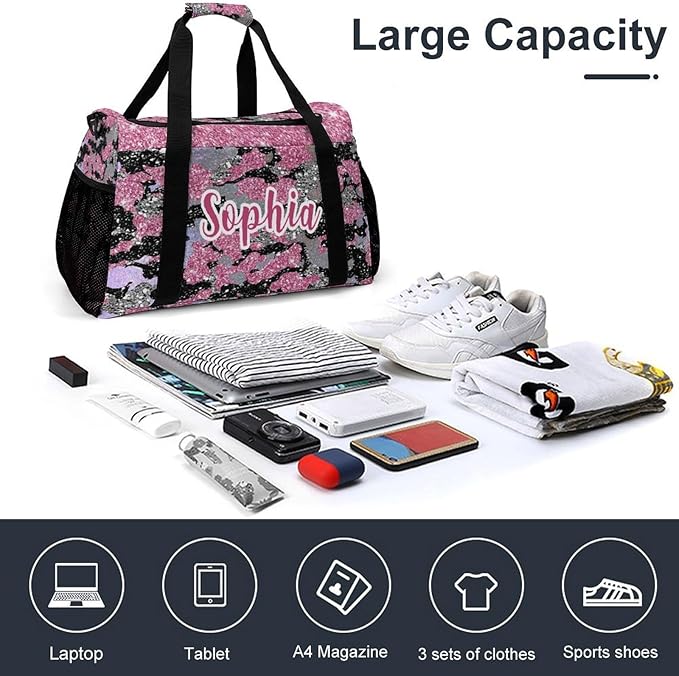 Personalized Name Sports Player Duffel Bags Pink Camouflage Sparkle Sequin Print Travel Perform Training Waterproof Casual Bag Weekender Overnight Bag