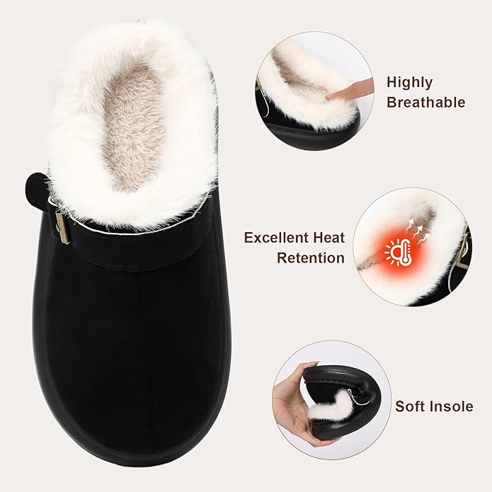 Close Toe Slip On Cotton Slippers with Breathable Faux Fur Memory Foam House Slippers for Women Warm Fuzzy Indoor Slippers with Non-Slip Rubber Sole