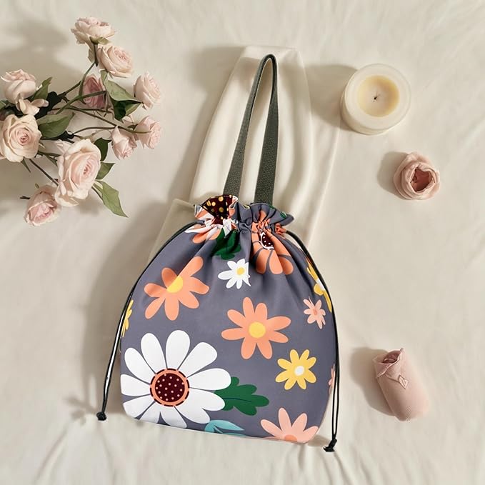 Reusable Small Lunch Bag,Drawstring Lunch Bag,Insulated Handbag Tote bag with Handle (Sunflower 2.0)