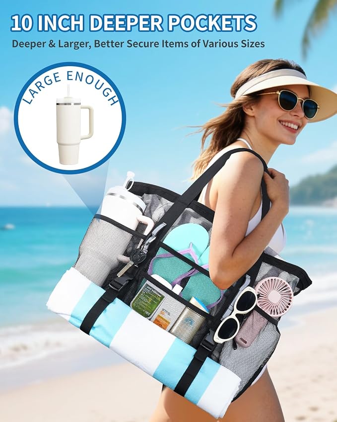 WANDF Mesh Beach Bag for Women, Large Beach Tote Bags with 40oz Tumbler Side Pockets, Family Pool Bag for Swim Toys Towels Cruise Vacation Essentials (Black) | Breathable