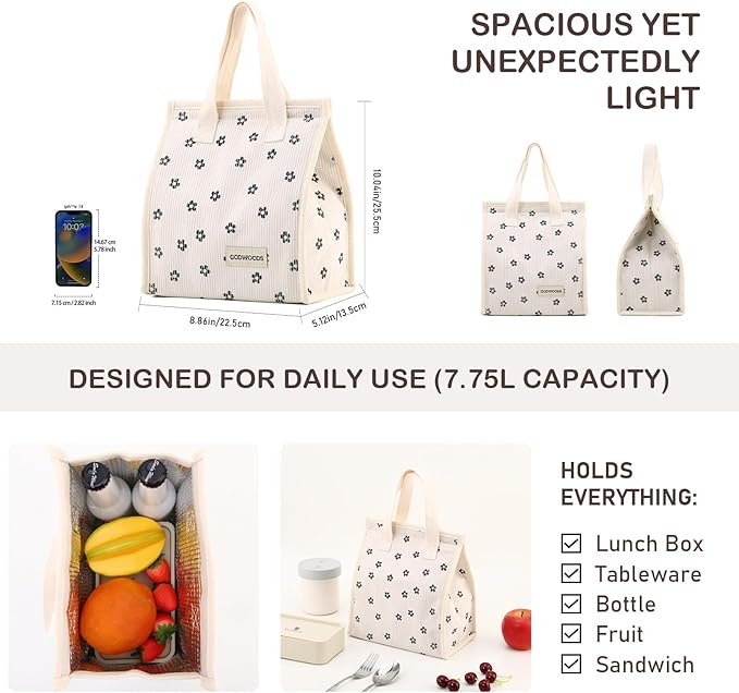 TELLUMO Corduroy Lunch Bag for Women Men Cute Lunch Bag Insulated Lunch Box with Large Capacity (7.5L) Reusable Lunchbag for Work, Picnic, Beach or Travel (S- Corduroy BlackClub)