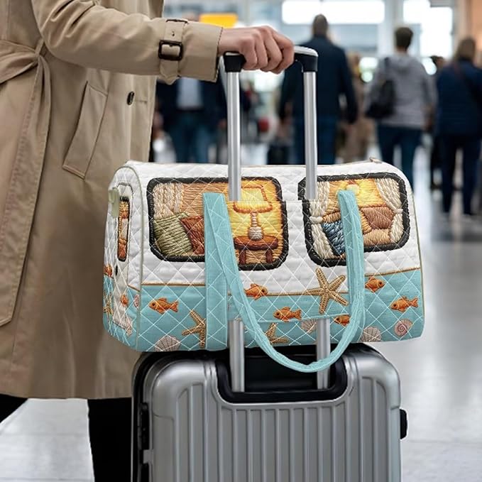 COEQINE Quilted Duffle Bags for Women Travel Cool Quilted Tote Bag Large Car Blue Camper Summer Beach Themed Weekender Bag Designer Carry On Bags