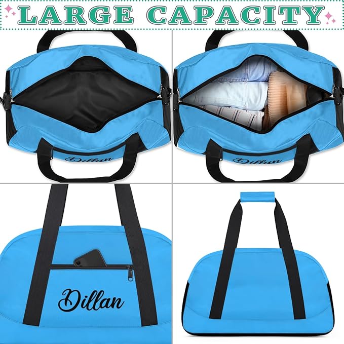Custom Name Gym Duffel for Kids,Personalized Sports Bag Lightweight Gym Bags for Boys & Girls,Fitness Travel Weekender for Travel, and Workout Light Blue