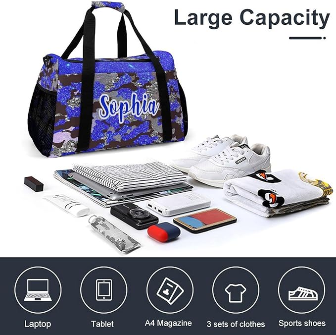 Personalized Sports Bag Name Duffel Bags with Adjustable Shoulder Strap Blue Navy Camouflage Bling Print Travel Bags Perform Training Weekender Bag