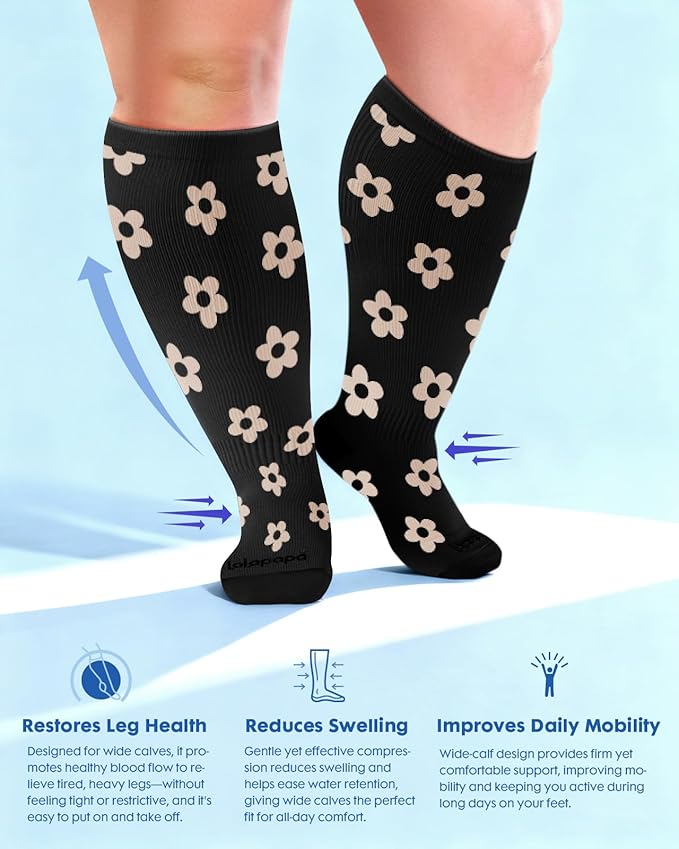 Wide Calf Compression Socks for Women - 3-Pair Plus Size 20-30mmHg Ankle Support Easy on off Socks for Travel Nurse