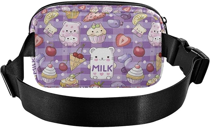 Kawaii Cat Bear Milk Cake Plaid Fanny Pack for Women Men Water Resistant Fashion Waist Packs with Adjustable Strap Belt Bag for Travel Workout Jogging Hiking 21219473