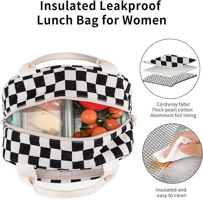 Lunch Bag Women Lunch Box for Women Adult Cute Insulated Lunch Bag Small Cooler Lunch Tote Bags for Work Picnic School (Black-White Plaid)