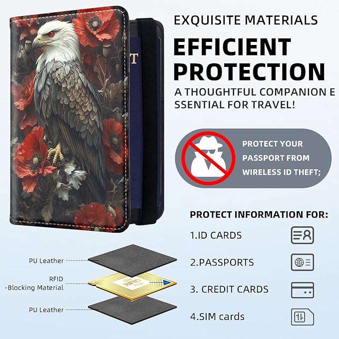Passport Holder for Travel, RFID Blocking Passport Holder Travel Walle, Passport and Vaccine Card Holder, Vacation Must Haves Travel Accessories for Men Women, Eagle Red Flower