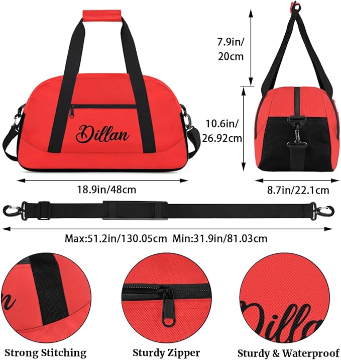 Custom Name Gym Duffel for Kids,Personalized Sports Bag Lightweight Gym Bags for Boys & Girls,Fitness Travel Weekender for Travel, Workout Red