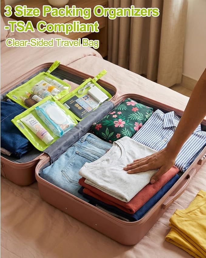 babygoal Clear Travel Organizer Bags 3 Pack, TSA Approved Mess-Proof Pouches with Snap Handle, Water-Resistant Toiletry Essentials for Baby & Mom (Fluorescent Green)