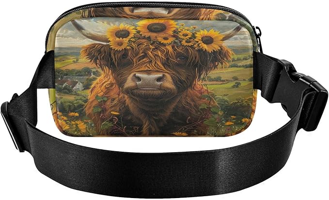 Highland Cow Sunflowers Fanny Pack for Women Men Water Resistant Fashion Waist Packs with Adjustable Strap Belt Bag for Travel Workout Jogging Hiking 21220118