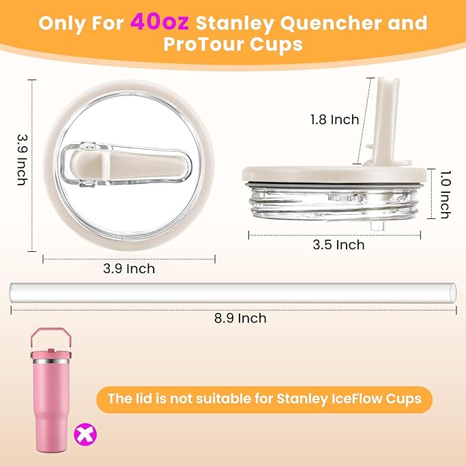 2 Pack Stanley Lid Replacement 40 oz Only for Stanley Quencher H2.0 & ProTour Cup Accessories, Detachable Spout, Leakproof Flip Straw Lid, Heat-Resistant, Spill-Proof (Cream, Light Nectarine)