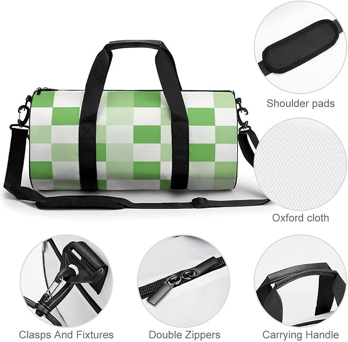 Foldable Gym Bag Green Plaid Checkered Lightweight Travel Sports Bag Carry On Weekender Overnight Bags Beach Yoga Bags